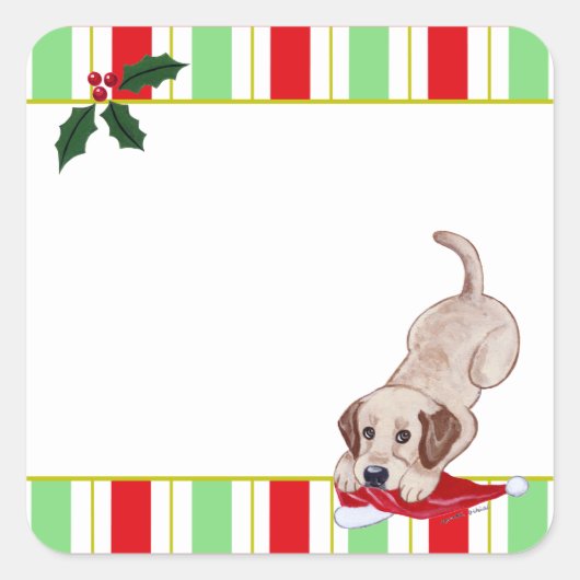 Gele Labrador Puppy & Santa Hat Kerstmis Vierkante Sticker (Voorkant)