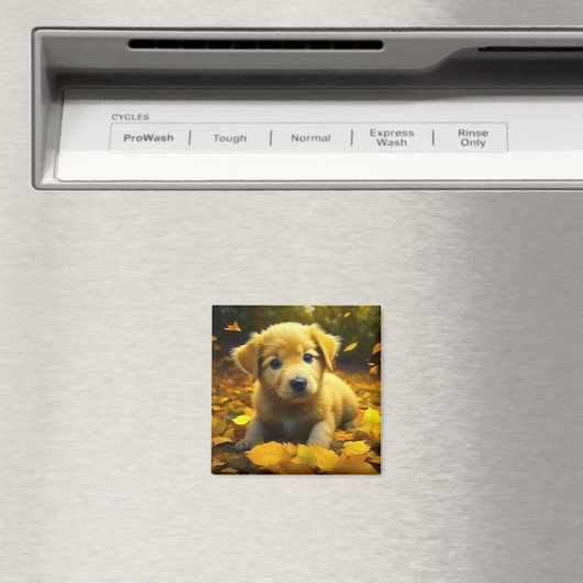 Gele labrador puppy spelen in herfst bladeren magneet (Insitu (Vaatwasser))