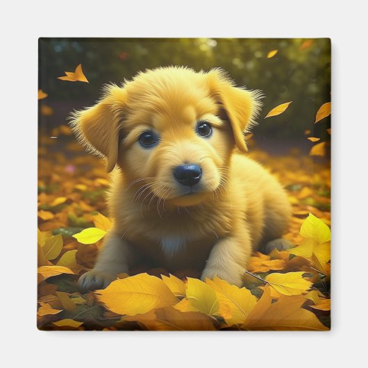 Gele labrador puppy spelen in herfst bladeren magneet (Voorkant)