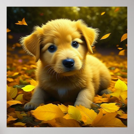 Gele labrador puppy spelen in herfst bladeren poster (Voorkant)