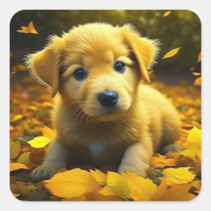 Gele labrador puppy spelen in herfst bladeren vierkante sticker