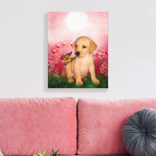 Gele Labrador Puppy Vlinder Bloemen Hondenkunst Canvas Afdruk (Insitu (Woonkamer))