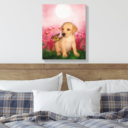 Gele Labrador Puppy Vlinder Bloemen Hondenkunst Canvas Afdruk (Insitu (Slaapkamer))