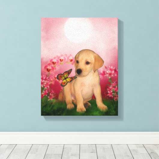 Gele Labrador Puppy Vlinder Bloemen Hondenkunst Canvas Afdruk (Insitu (Houten vloer))