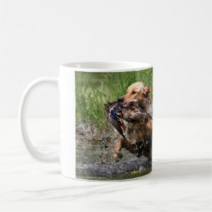 Gele labrador retriever met eendenmok koffiemok