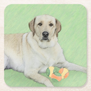 Gele labrador Retriever & Tennis Balls Painting Vierkante Kartonnen Onderzetter