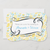 Gele leemons en blauwe bloemen bruiloft uitnodigen kaart (Voorkant)