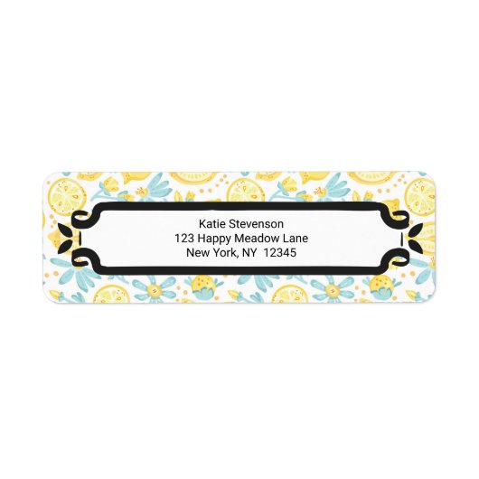 Gele leemons en blauwe bloemen geïllustreerd patro etiket (Voorkant)