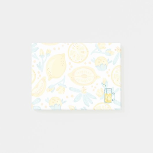 Gele leemons en blauwe bloemen geïllustreerd patro post-it® notes (Voorkant)
