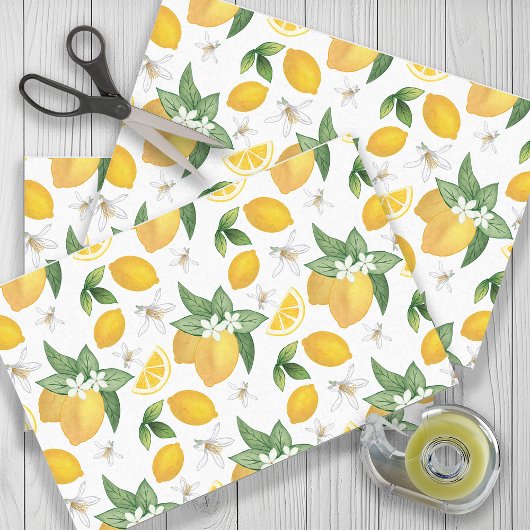Gele leemons laten witte bloemen Rustisch Tissuepapier