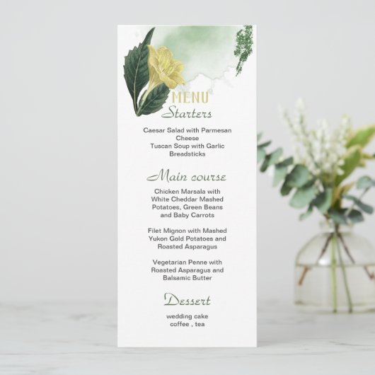 Gele Lelie Bloem Groene bladeren Bruiloft Menu (Staand voorkant)