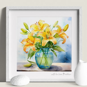 Gele lelie boeket in glazen vaas Waterverf Print