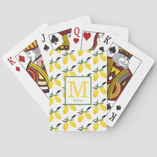 Gele Lemon Citrus Monogram Naam Pokerkaarten (Achterkant)