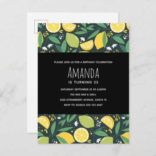 Gele lemon en groene Limoen fruitpatroonvogels Uitnodiging Briefkaart (Voorkant / Achterkant)