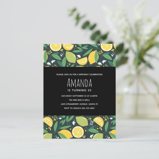 Gele lemon en groene Limoen fruitpatroonvogels Uitnodiging Briefkaart (Staand voorkant)