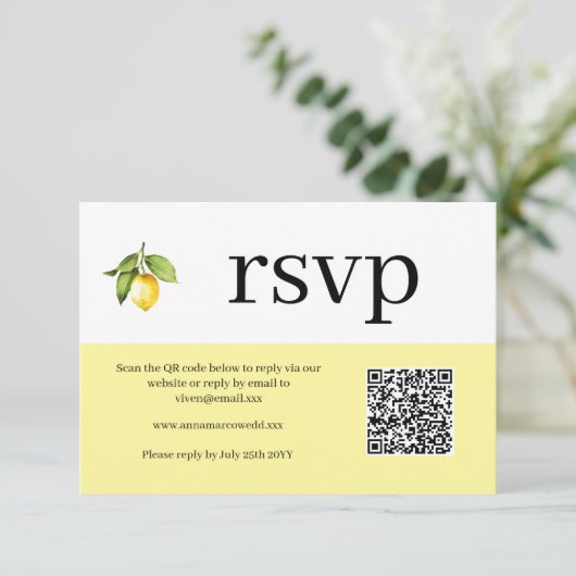 Gele Lemon QR Code RSVP Card (Staand voorkant)