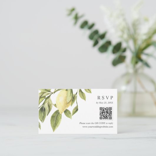 Gele Lemon vertrekt Weddenschap RSVP Online QR COD Visitekaartje (Staand voorkant)