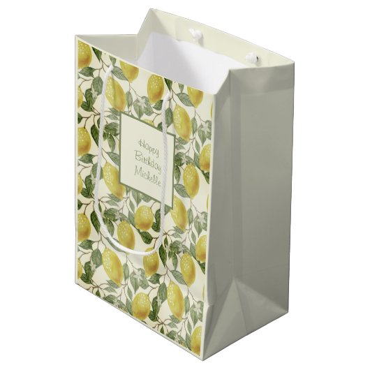 Gele Lemons Groene Lagen Birthday Medium Cadeauzakje (Voorkant Gekanteld)