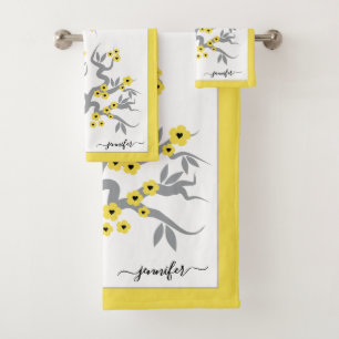 Gele liefdesvogels grijze kersenboom bloesems rand bad handdoek
