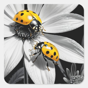 Gele lieveheersbeestje op zwarte witte bloem vierkante sticker