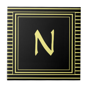 Gele lijst monogram letter N strepen Tegeltje