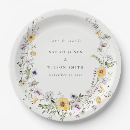 Gele Lila Wildbloem Wreath Weddenschap Hartelijk d Papieren Bordje (Voorkant)
