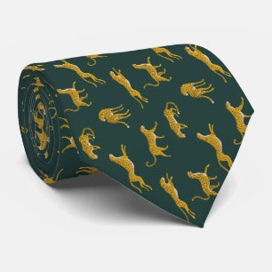 Gele luipaard op donkergroen patroon wild dier stropdas