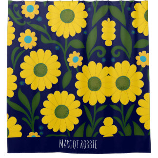 Gele madeliefjes blauwe achtergrond bloemmotief douchegordijn