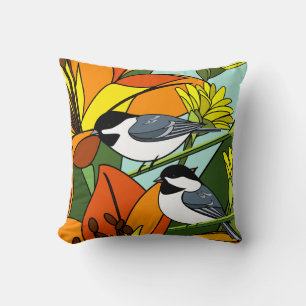 Gele madeliefjes en chickadees kussen