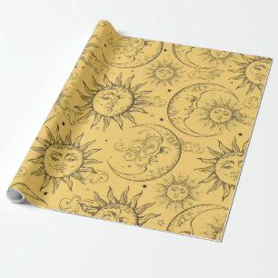 Gele Magische Vintage Hemelse Zon Maan Sterren Cadeaupapier