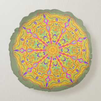 Gele Mandala met roze Geometrie Rond Kussen