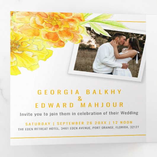 Gele marigold waterverf drieluik uitnodiging (Binnenzijde eerst)