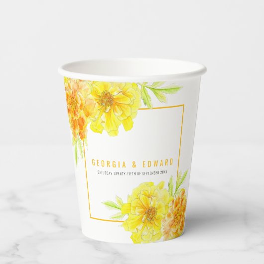 Gele marigoldbloembruiloft papieren bekers (Achterkant)