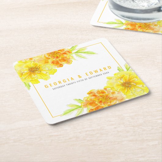 Gele marigoldbloembruiloft vierkante kartonnen onderzetter (Schuin)
