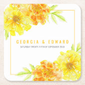 Gele marigoldbloembruiloft vierkante kartonnen onderzetter (Voorkant)