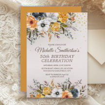 Gele marineblauw Floral Glitter 50th Birthday