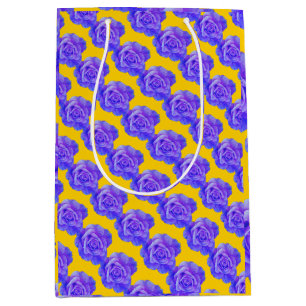 Gele Marineblauwe Bloemmotieven Bloemen Rozen Medium Cadeauzakje