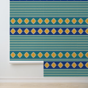 Gele Marokkaanse vormen, groene horizontale strepe Behang