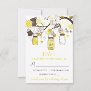 Gele Mason Jars Zomer Bruiloft Bloemstuk RSVP Kaar Kaartje