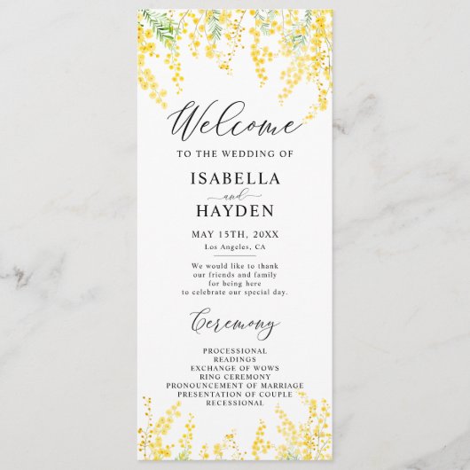 Gele Mimosa Spring Floral Wedding Flat Programma (Voorkant)
