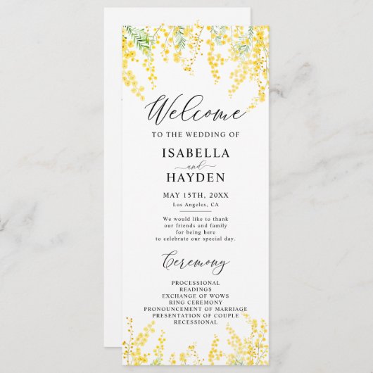 Gele Mimosa Spring Floral Wedding Flat Programma (Voorkant / Achterkant)