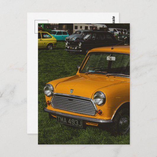 Gele mini cooper classic auto briefkaart (Voorkant / Achterkant)