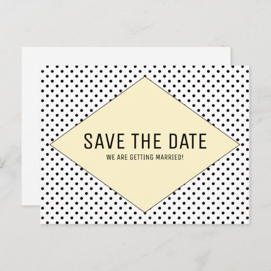 Gele Modern Polka Dots sparen de Datum Aankondigingskaart (Voorkant / Achterkant)