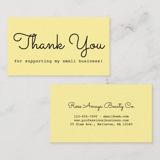 Gele Moderne Manuscript Typografie Dank u Visitekaartje (Voorkant / Achterkant)