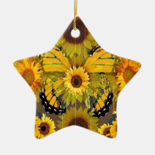 Gele MONARCH BUTTERFLY & Sunflower ART Keramisch Ornament