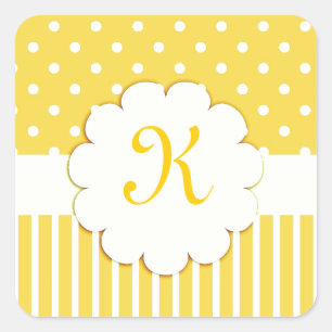 Gele Monogram met Polka Dots en Stripes Vierkante Sticker