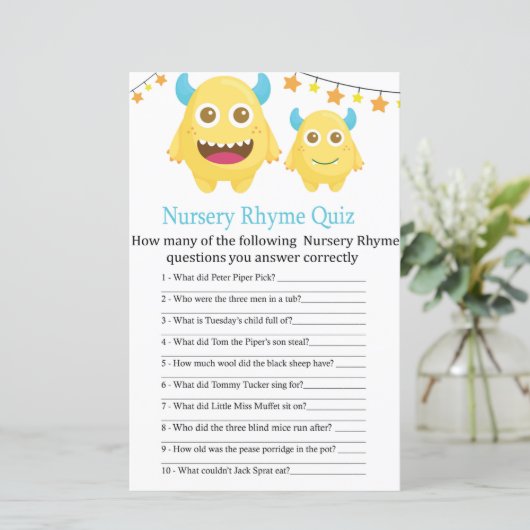 Gele monster Nursery Rhyme Quiz baby shower game (Staand voorkant)