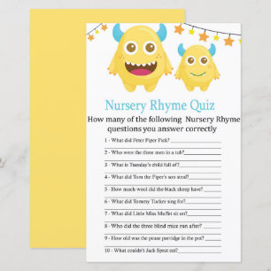 Gele monster Nursery Rhyme Quiz baby shower game