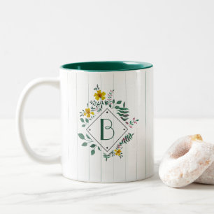 Gele narcis bladeren bloemenstreep monogram tweekleurige koffiemok
