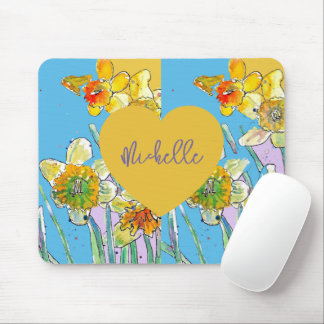 Gele narcis paarse bloemen vrouwen muismat pad